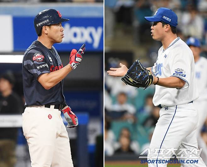 29일 대구 라이온즈파크에서 열린 롯데-삼성전. 5회초 2사 전준우가 최원태의 공에 맞았다. 전준우가 '두 번째야'라고 불만을 표시하자 최원태가 두 팔을 벌리며 맞서고 있다. 대구=정재근 기자 cjg@sportschosun.com/2025.5.29/