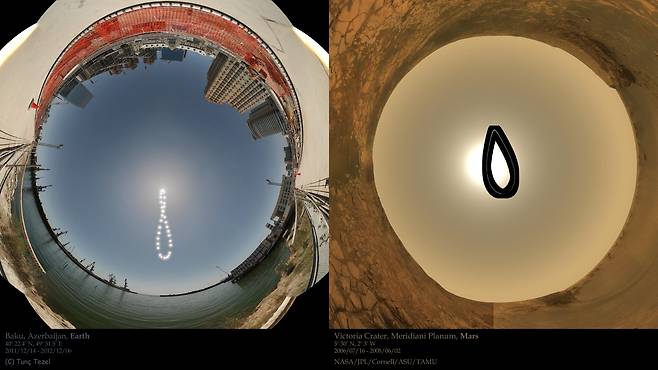 지구에서 촬영한 아날렘마(왼쪽)와 화성 탐사 로버 오퍼튜니티가 촬영한 아날렘마./Tunc Tezel, NASA/JPL/Cornell/ASU/TAMU
