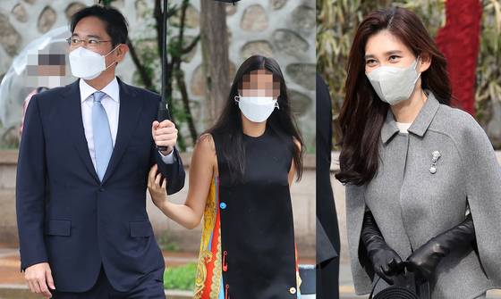 2022년 이재용 삼성전자 회장은 정의선 현대차 회장의 장녀 결혼식에 딸 원주양과 함께 참석했다.{왼쪽) 원주양이 이날 입은 옷이 명품 브랜드 베르사체 원피스로 알려지면서 화제가 됐다. 오른쪽은 이부진 호텔신라 사장이 2023년 정몽규 HDC 회장의 장남 준선씨(KAIST 교수)의 결혼식에 참석한 모습. 이 사장의 발렌티노 케이프 코트와 데스트리 가방 역시 조명을 받았다. 연합뉴스, 뉴스1