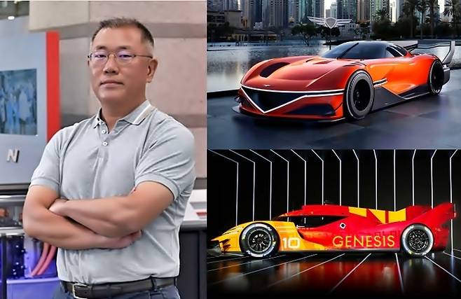 정의선 현대자동차그룹 회장과 제네시스 모터스포츠 레이싱카 자료 사진 [사진출처=현대차, 편집=최기성 매경 디지털뉴스룸 기자]