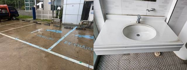 ㅏ접근성이 편리해 전기차 충전 등 주민과 관광객의 발길이 끊이지 않는 울릉한마음회관. 화장실은 수개월째 실내등이 점등되지 않고 청결상태가 엉망이다(우). 사진=김석현 기자