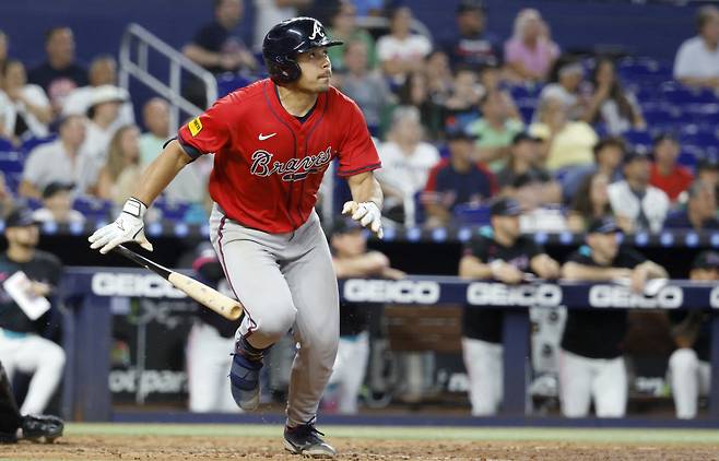 애틀랜타 브레이브스 드레이크 볼드윈이 22일(한국시각) 마이매미 말린스전에서 9회 홈런을 터뜨리고 있다. Imagn Images연합뉴스