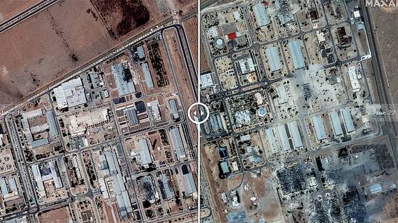 이스파한의 경우 공습받기 전(왼쪽)과 비교해 공습 받은 후에는 검게 그을린 자국들이 보인다. 맥사 테크놀로지