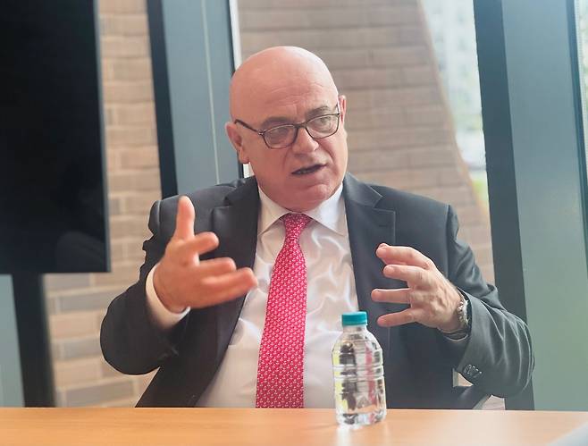 Fortunato Ortombina, artistic director of the Teatro alla Scala in Milan, speaks during an interview with Korean media on Saturday at the Busan Concert Hall in Busan. (Park Ga-young/The Korea Herald)
