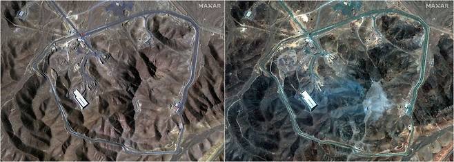 미국의 이란 핵시설 공습 전(왼쪽)과 후를 비교한 위성 사진. 로이터연합뉴스