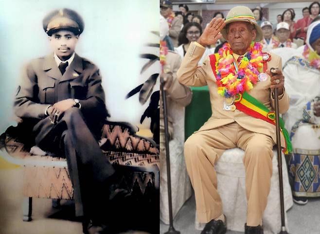 27세에 6·25 전쟁에 참전했던 뜰라운 테세마(왼쪽)의 당시 모습과 현재 100세가 된 그의 모습.