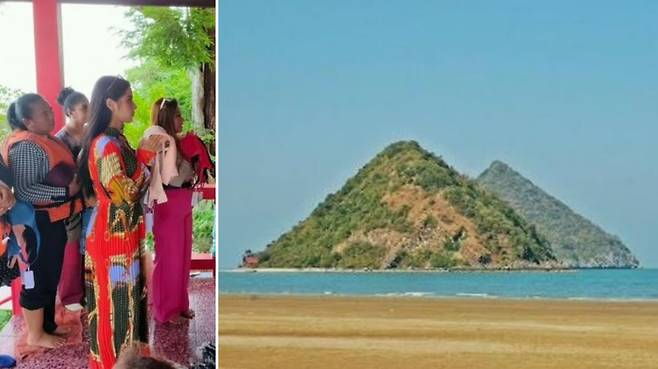 원하는 사랑과 연애를 이뤄준다는 전설이 있어 여성들이 찾아와 브래지어를 바친다는 태국의 '가슴 모양 섬'이 화제다. 왼쪽은 여성들이 브래지어를 바치는 모습. /사진=홍콩 SCMP 캡처