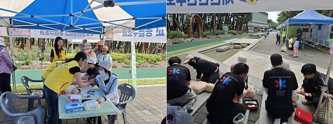 선린대 학생들이 시민들을 대상으로 건강 진단법(왼쪽 사진)과 응급치료법을 교육하고 있다./사진제공=선린대