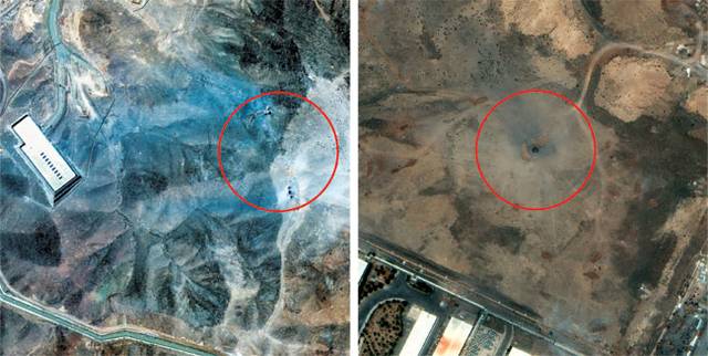 벙커버스터 ‘정밀폭격’ 흔적  : 미국이 이란의 핵 시설 3곳을 공습한 다음 날인 22일 이란 포르도 핵시설을 촬영한 위성사진에 GBU-57 벙커버스터 12발 폭격으로 만들어진 6개 구멍(빨간 원)들이 보인다(왼쪽 사진). 오른쪽 사진은 이날 GBU-57 2발을 맞은 나탄즈 핵시설에 폭격으로 만들어진 구멍 1개 모습.  막사르 테크놀로지 제공, 연합뉴스