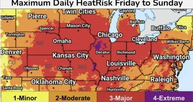 [서울=뉴시스] 미 국립기상청은 일부 지역에서 '극한 열 위험'(Extreme Heat Risk) 지수가 최고 단계인 4등급까지 치솟을 수 있다고 6월 20일 경고했다. (사진=미 국립기상청 홈페이지 갈무리) 이번 폭염은 25일까지 계속될 전망이다. 2025.06.23. *재판매 및 DB 금지