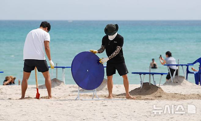 [제주=뉴시스] 우장호 기자 = 제주도 내 해수욕장 조기 개장을 하루 앞둔 23일 오전 제주시 조천읍 함덕해수욕장에서 피서객을 위한 파라솔 설치 작업이 한창이다. 2025.06.23. woo1223@newsis.com