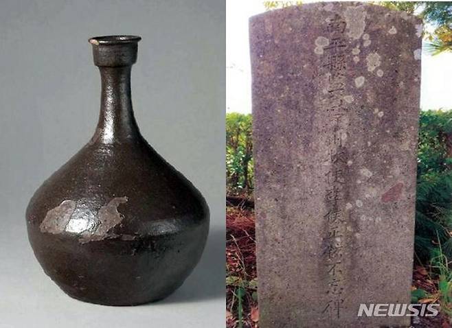 [나주=뉴시스] 이창우 기자=사진 좌측은 프랑스 세브르 국립도자기박물관에 소장된 한국 유물 제1호 옹기주병. 이 병은 지금으로부터 172년 전인 1851년 비금도에 표류한 선원들을 보호해준 조선의 인도주의적 우호에 감사하는 의미로 나주목사 이정현과 기념 만찬을 가진 중국 상하이 주재 프랑스 영사 '샤를 드 몽티니'가 자국으로 가져가 기증헀다.  사진 우측은 조선시대  이정현 나주목사 선정비. (사진=나주시 제공) 2023.08.14. photo@newsis.com *재판매 및 DB 금지