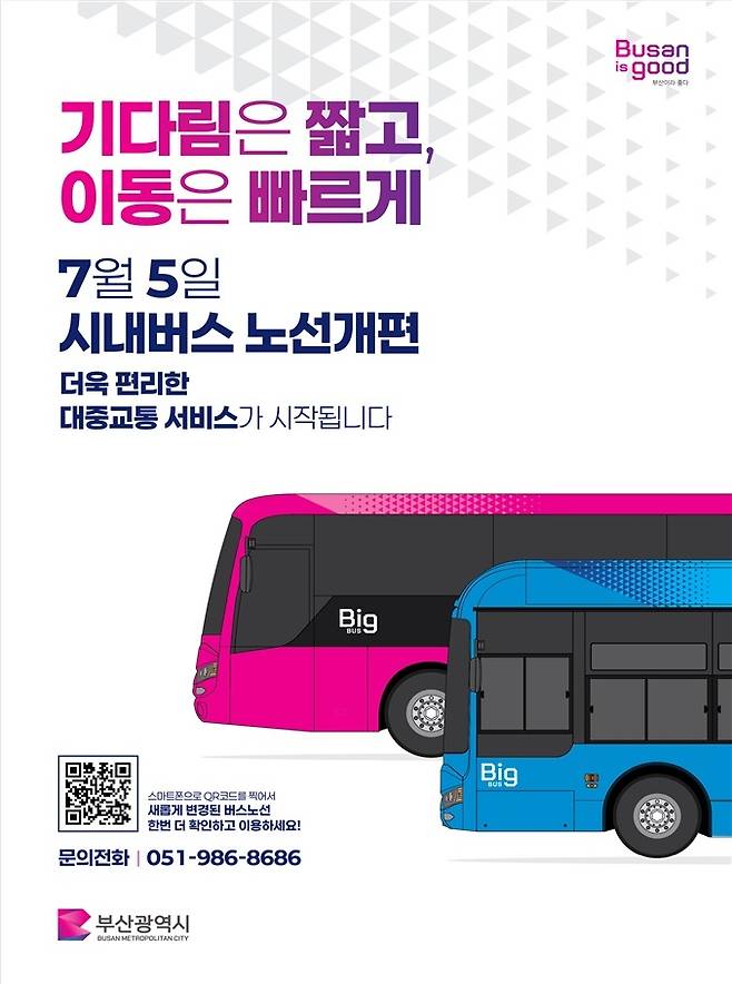 부산시가 시민 불편 해소 및 시내버스 경쟁력 강화를 위해 다음달 5일 첫차부터 시내버스 노선을 전면 개편한다. 사진은 버스 노선개편 포스터. 부산시 제공