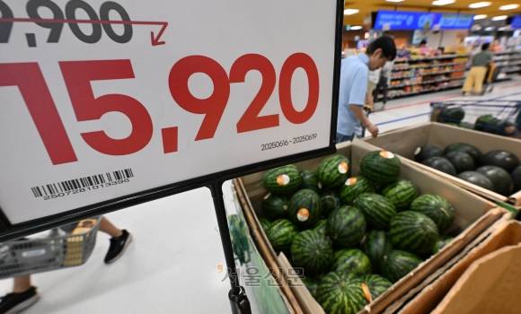 22일 가락시장을 거쳐 대형 마트에 공급된 수박의 모습.  홍윤기 기자