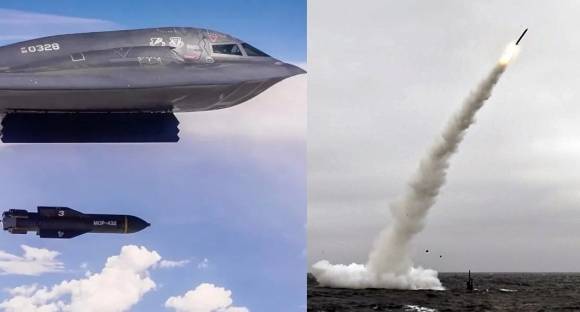 B-2 스피릿 스텔스 전략폭격기가 벙커버스터 GBU-57을 떨구는 모습과 잠수함에서 발사되는 순항 미사일. 미 공군, 해군 제공
