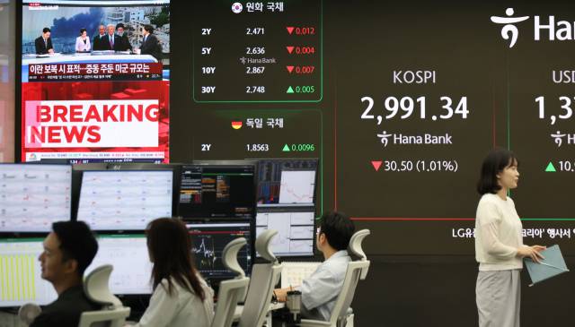 23일 오전 서울 하나은행 본점 딜링룸에 코스피 지수가 표시돼 있다. 이날 코스피는 미국의 이란 핵 시설 공격으로 중동 불안이 최고조로 치닫자 2990대로 후퇴했다. 연합뉴스