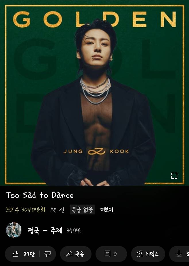 방탄소년단 정국 'Too Sad to Dance' 음원 영상 3000만뷰 돌파