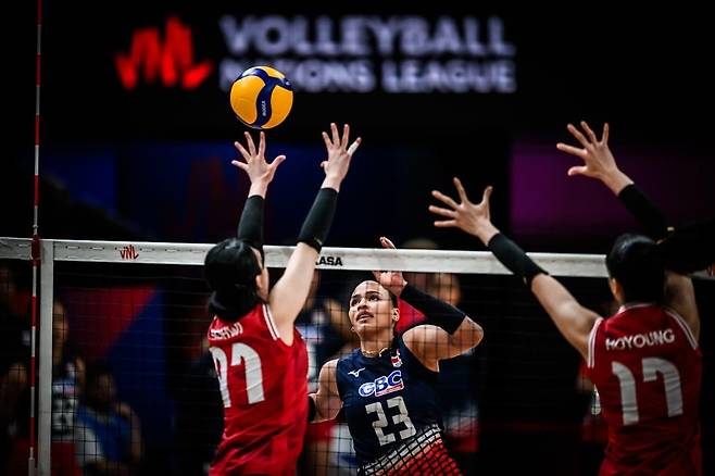 여자배구 VNL 한국-도미니카공화국 경기 장면 [FIVB 홈피 캡처. 재판매 및 DB 금지]