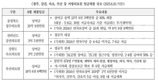 지역의료원 임금체불 규모(2025년 6월 20일 기준) [전국보건의료산업노동조합 제공]