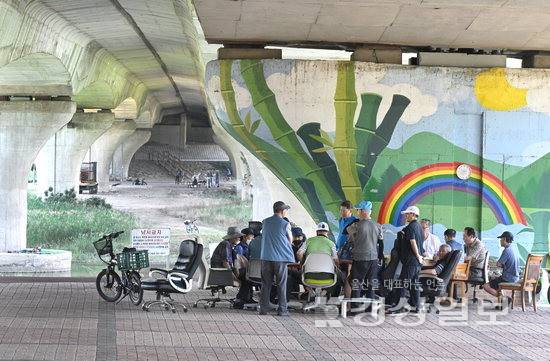 ▲ 23일 울산지역에 무더운 날씨를 보인 가운데 노인들이 울산 중구 태화동 삼호교 아래에서 더위를 피하고 있다. 김동수기자 dskim@ksilbo.co.kr