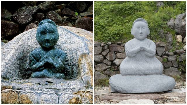 1970년대 도난됐던 지리산 성모상(좌)과 새로 제작된 성모상(우) 모습. 22일 천왕봉 자락에 새로 안치됐다. 산청군 제공