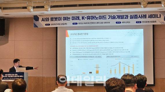 24일 서울 여의도 FKI전경련플라자에서 세미나허브가 개최한 ‘AI와 로봇이 여는 미래, K-휴머노이드 기술개발과 실증사례 세미나’에서 박찬솔 SK증권 연구위원이 ‘자본시장이 잉태한 휴머노이드’ 주제 강연을 하고 있다.(사진=김범준 기자)