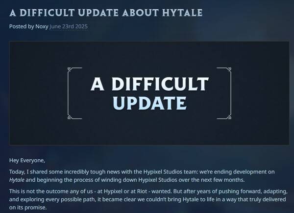 - 스튜디오 폐쇄 및 하이테일 개발 취소 공지 일부 (출처 : 하이픽셀 스튜디오 공식 홈페이지)