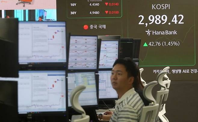 이달 17일 서울 중구 하나은행 딜링룸 전광판에 코스피·코스닥지수, 원·달러 환율 등이 표시돼 있다. ⓒ뉴시스