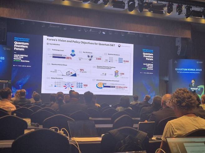 24일 서울 양재aT센터에서 열린 글로벌 양자 축제 '퀀텀 코리아 2025'에서 심주섭 과학기술정보통신부 과장이 정부의 양자 정책 방향을 설명하고 있다. 사진=연지안 기자
