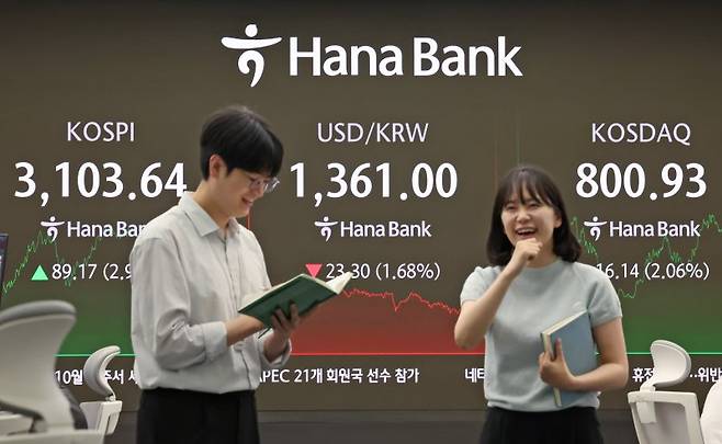 활짝 핀 증시24일 코스피지수는 전일보다 89.17p(2.96%) 상승한 3103.64, 코스닥지수는 16.14p(2.06%) 오른 800.93으로 각각 마감했다. 코스피가 3100을 넘어선 것은 지난 2021년 9월 27일 이후 3년9개월 만이며, 코스닥지수는 11개월 만에 800선을 탈환했다. 이날 서울 중구 하나은행 딜링룸 전광판에 지수와 환율이 표시되고 있다.뉴스1