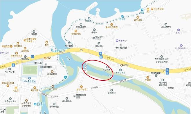 지난 22일 물고기 집단폐사가 발생한 제주시 내도동 도근천. (사진, 카카오맵)