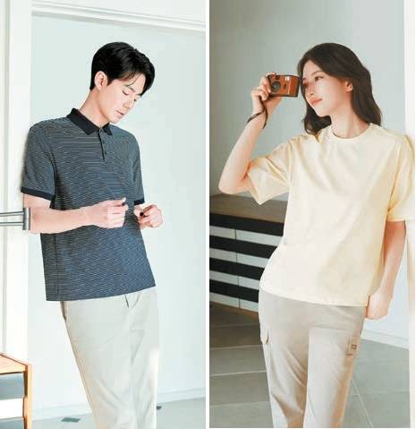 코드텐 아이스 스트라이프 폴로와 슬랙스를 착용한 K2 전속모델 배우 조인성(왼쪽)과 코드텐 아이스 우븐반팔 라운드, 스트레이트 카고 팬츠를 입은 배우 수지. [사진 K2]