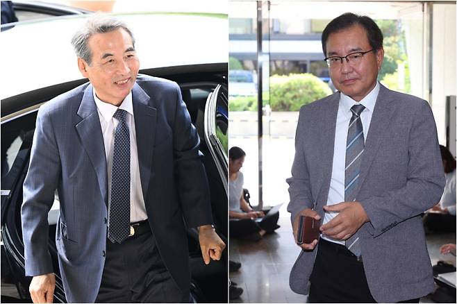 김건희 여사 관련 의혹을 수사하는 민중기 특별검사(왼쪽)과 해병대 순직 사건 수사 방해 의혹 수사를 맡은 이명현 특검이 23일 각각 취재진 앞에 자리하고 있다. 이한영 기자