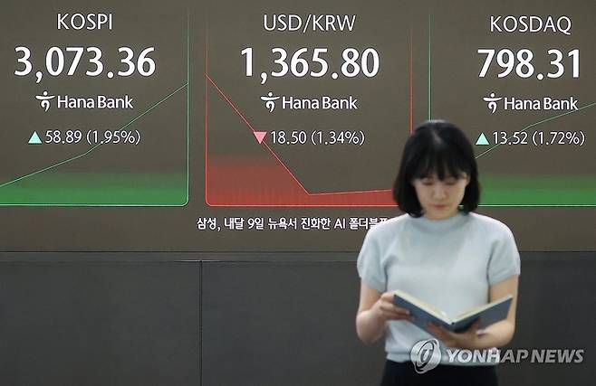 코스피가 이스라엘과 이란의 완전한 휴전 합의 소식에 힘입어 24일 3060대에서 강세 출발한 24일 서울 중구 하나은행 딜링룸 현황판에 코스피 지수 등이 표시되고 있다. [연합뉴스]