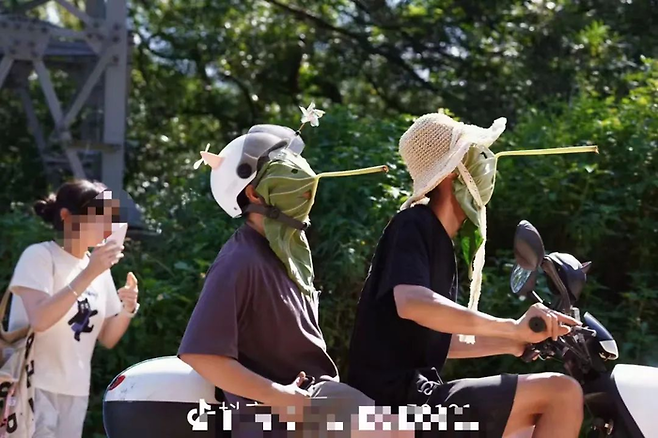 연잎으로 만든 마스크를 사람이 쓰고 있다. [사진 = SNS]
