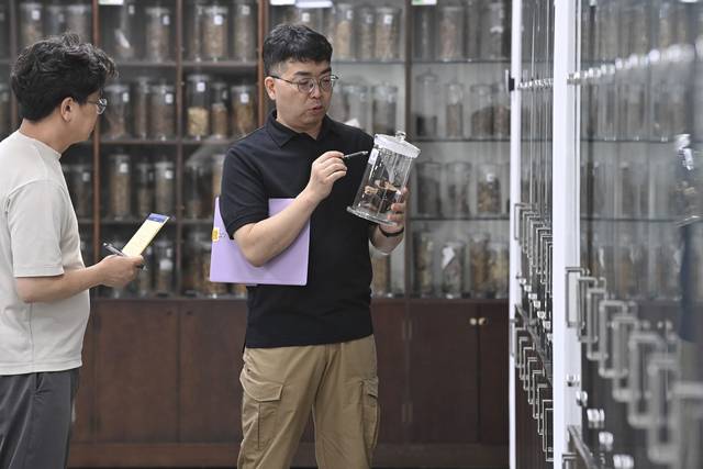 식품의약품안전처 관계자가 17일 충북 옥천군 군북면 국가생약자원관리센터 전시실에서 문화일보 취재진에게 전시된 생약에 대해 설명하고 있다.  백동현 기자