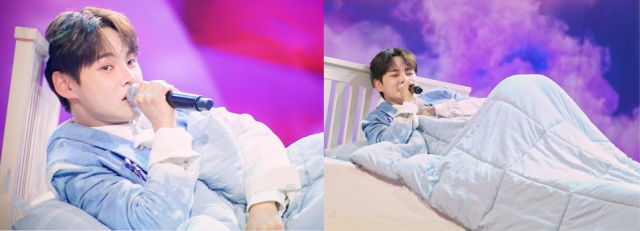 가수 박서진이 침대에 누워 노래를 시작하고 있다. / 유튜브 MBN 캡처