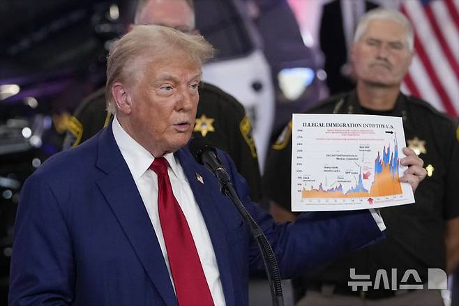 [하웰=AP/뉴시스] 미국 공화당 대선 후보인 도널드 트럼프 전 대통령이 2024년 8월 20일 미시간주 하웰의 보안관 사무소에서 유세 중 불법 이민과 관련해 발언하고 있다. 트럼프 전 대통령은 당선되면 임기 첫날 역사상 최대 규모의 불법 이민자 추방 작전을 펼칠 것이라고 약속했다. 2025. 06.24.