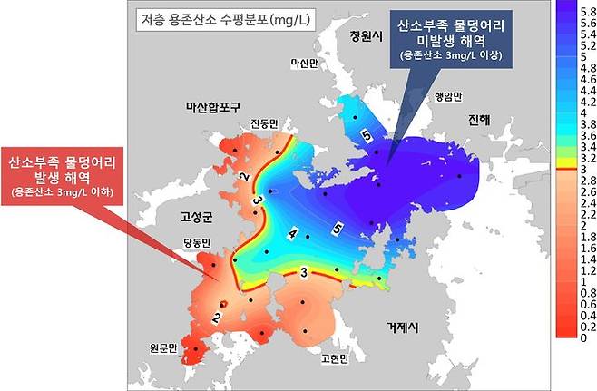[부산=뉴시스] 산소부족 물덩어리 발생 및 미발생 해역 (그림=국립수산과학원 제공) 2025.06.24. photo@newsis.com *재판매 및 DB 금지