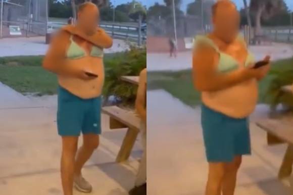 비키니를 입은 한 남성이 트랜스젠더라고 주장하며 어린이 소프트볼 경기장 인근 여성 화장실에 침입 시도를 한 일이 온라인상에 퍼지며 논란이 되고 있다. 엑스(옛 트위터) 캡처