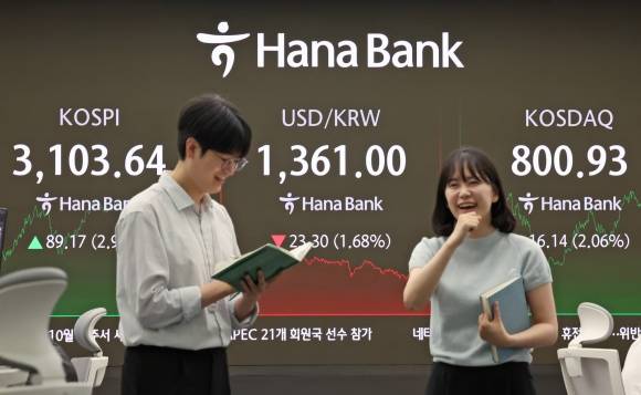 24일 서울 중구 하나은행 본점 딜링룸 전광판에 코스피와 코스닥 종가, 원달러 환율이 표시돼 있다. 이날 코스피는 전 거래일 대비 89.17포인트(2.96%) 상승한 3103.64로 거래를 마치면서 3년 9개월 만에 종가 기준 3100선을 돌파했다. 뉴스1