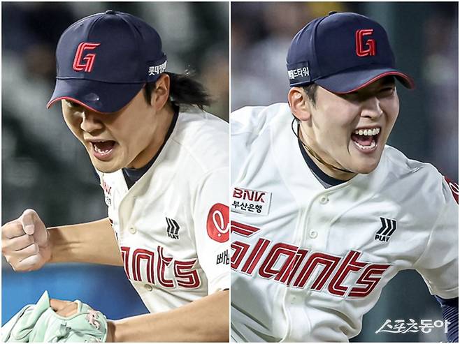 롯데 필승조 정철원(왼쪽)과 최준용이 허릿심을 뽐내고 있다. 롯데는 둘 덕분에 불펜 약점을 완벽하게 보완했다. 사진제공｜롯데 자이언츠