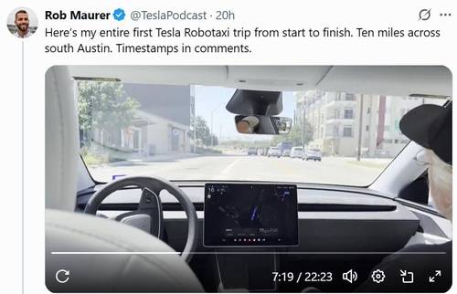 테슬라 로보택시 탑승 영상에서 차량이 잠시 중앙선을 넘어 반대 차선에 진입한 모 [@TeslaPodcast X 게시물 캡처. 재판매 및 DB 금지]