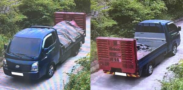 제주 서귀포시 대천동의 한 산지에 쓰레기를 불법 투기해 적발된 트럭. 사진=서귀포시.