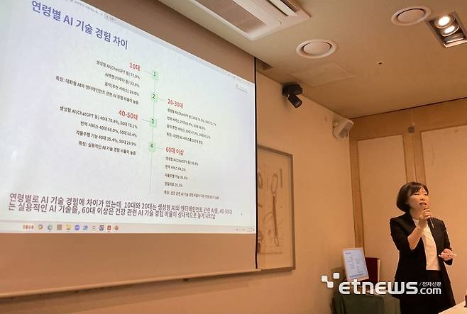 정지연 한국소비자연맹 사무총장이 25일 AI소비자포럼 3차 포럼에서 AI 이용자 실태조사 결과를 발표하고 있다. ⓒ박종진기자