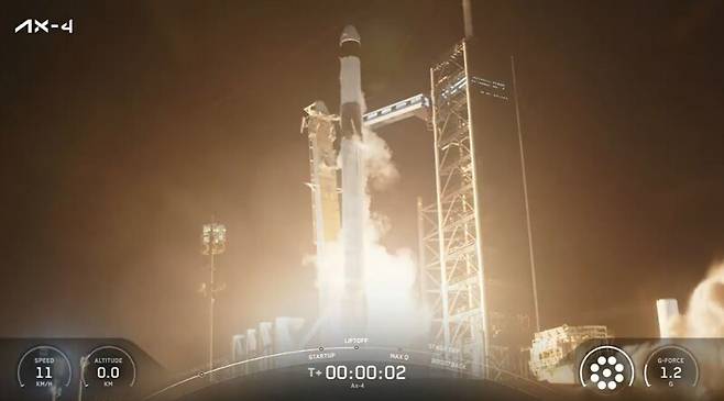 민간우주여행팀 액시엄4 승객 4명을 태운 스페이스엑스의 유인 우주선이 25일 팰컨9 로켓에 실려 이륙하고 있다. 웹방송 갈무리