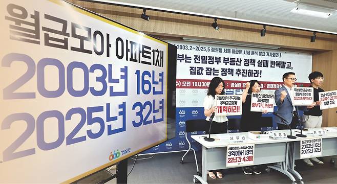 25일 서울 종로구 경제정의실천시민연합에서 열린 ‘정권별 서울아파트 시세 분석 발표’ 기자회견에서 참석자들이 집값 잡을 정책을 마련해줄 것을 정부에 요구하고 있다. 연합뉴스