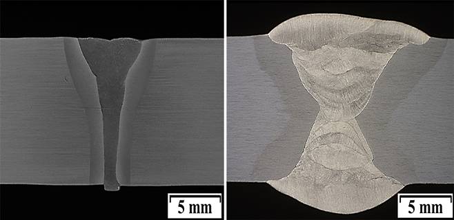 용접부 단면 사진. (왼쪽)레이저-아크 하이브리드 단층용접부 (오른쪽)아크 다층용접부. 한국생산기술연구원