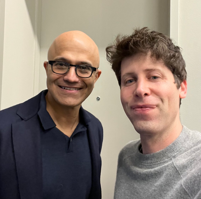 샘 올트먼 오픈AI CEO(오른쪽)와 사티아 나델라 MS CEO [사진=샘 올트먼 X]