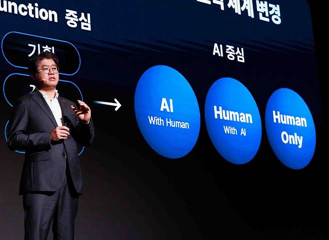 윤풍영 SK AX 사장이 25일 서울 그랜드 인터컨티넨탈 파르나스 호텔에서 열린 ‘이매진(IMAGINE) AX 2025’ 컨퍼런스에서 개회사를 하고 있다.  [SK AX 제공]